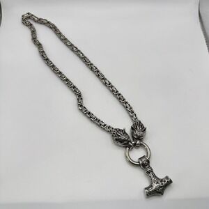 Viking Wolf Heads Mjolnir Thor Hammer Pendant Necklace Silver Tone Chain Mens